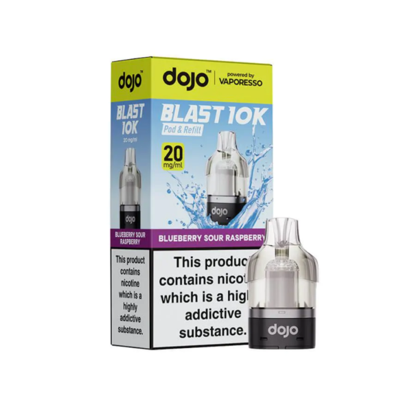 Blueberry Sour Raspberry Prefilled Pod by Vaporesso Dojo Blast 10K Blueberry Sour Raspberry Prefilled Pod by Vaporesso Dojo Blast 10K, a sealed 10ml pod with its flavour label.