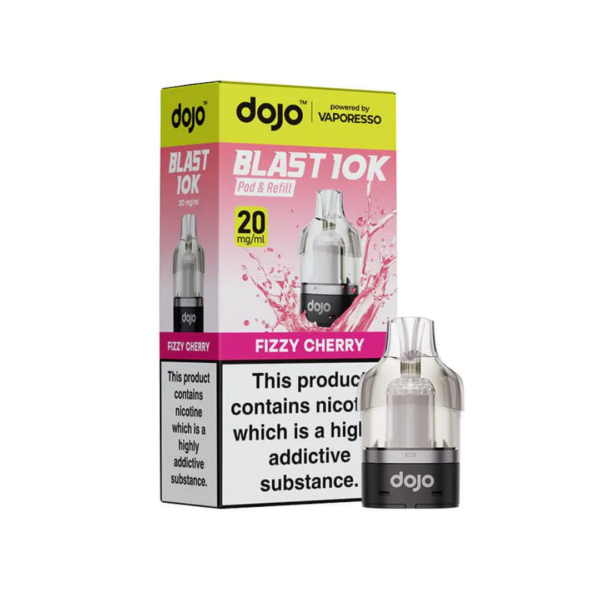Fizzy Cherry Prefilled Pod by Vaporesso Dojo Blast 10K, a sealed 10ml pod showing red cherry artwork and nicotine label.