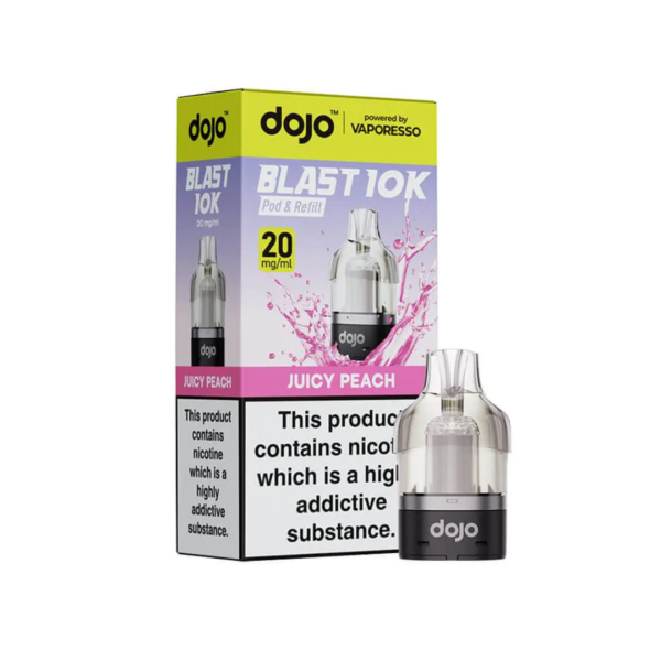Juicy Peach Prefilled Pod by Vaporesso Dojo Blast 10K Juicy Peach Prefilled Pod by Vaporesso Dojo Blast 10K, a sealed 10ml pod with peach artwork and its nicotine label.