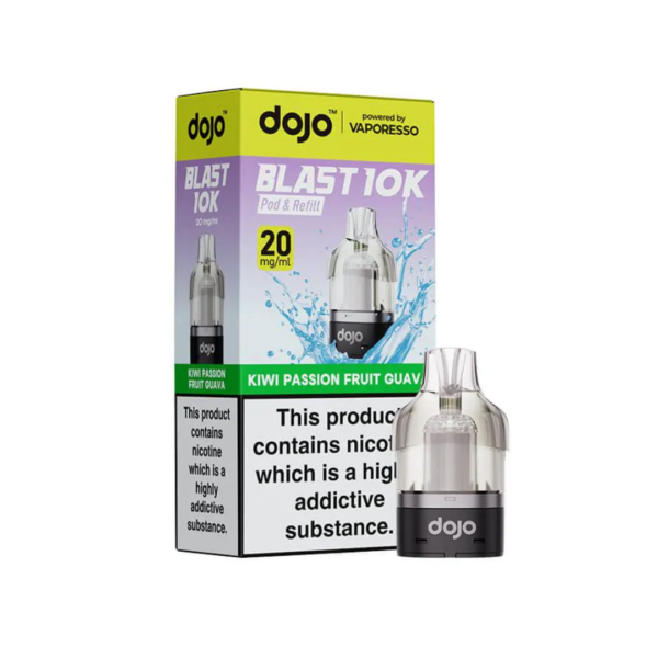 Kiwi Passion Fruit Guava Prefilled Pod by Vaporesso Dojo Blast 10K Kiwi Passion Fruit Guava Prefilled Pod by Vaporesso Dojo Blast 10K, a sealed 10ml pod with tropical fruit artwork.