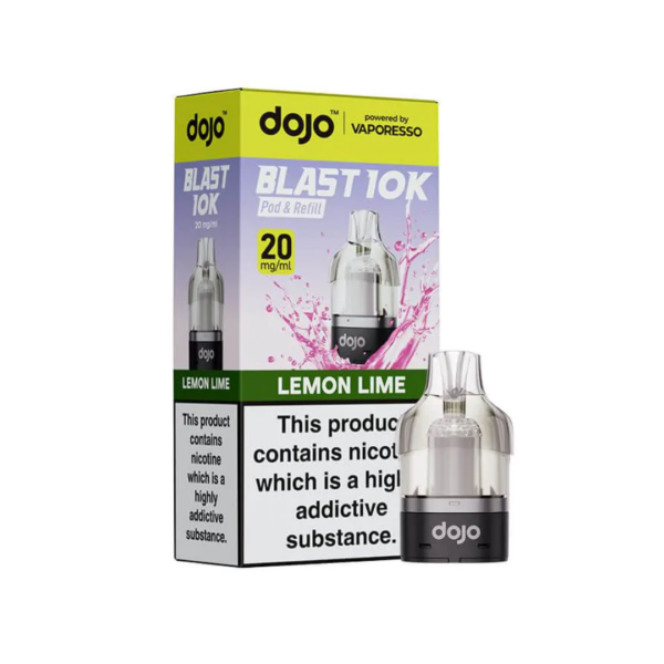 Lemon Lime Prefilled Pod by Vaporesso Dojo Blast 10K Lemon Lime Prefilled Pod by Vaporesso Dojo Blast 10K, a sealed 10ml pod with yellow and green citrus artwork.