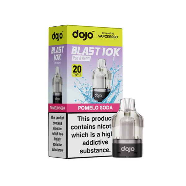 Pomelo Soda Prefilled Pod by Vaporesso Dojo Blast 10K Pomelo Soda Prefilled Pod by Vaporesso Dojo Blast 10K, a sealed 10ml pod showing flavour and 20mg strength markings.