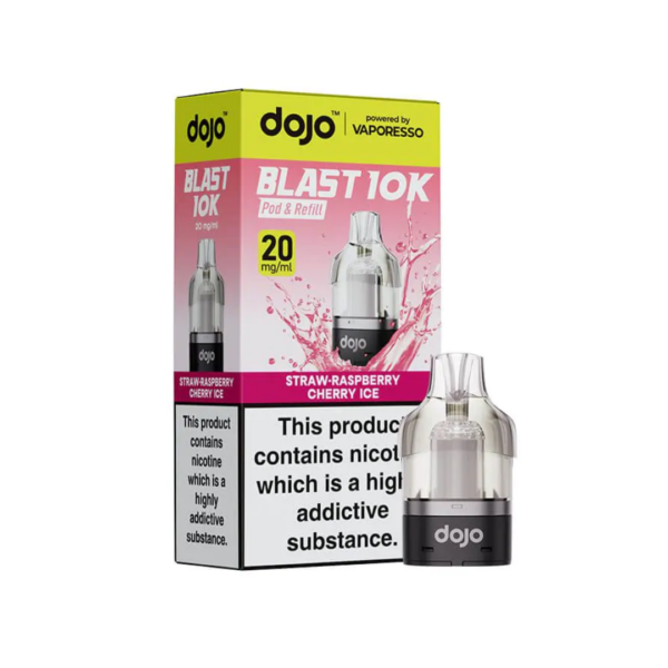 Straw Raspberry Cherry Ice Prefilled Pod by Vaporesso Dojo Blast 10K Straw Raspberry Cherry Ice Prefilled Pod by Vaporesso Dojo Blast 10K, a sealed 10ml pod with flavour labelling.