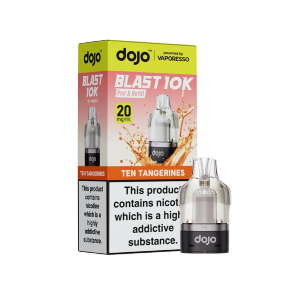 Ten Tangerines Prefilled Pod by Vaporesso Dojo Blast 10K Ten Tangerines Prefilled Pod by Vaporesso Dojo Blast 10K, a sealed 10ml pod with its citrus flavour name and 20mg label.