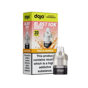 Triple Mango Prefilled Pod by Vaporesso Dojo Blast 10K, a sealed 10ml pod with its mango flavour name and 20mg label.