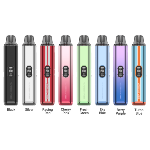 Vaporesso Vibe Pod Kit Colour range of the Vaporesso Vibe Pod Kit, including black, silver, racing red and cherry pink finishes.