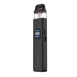 Vaporesso XROS 5 Pod Kit in Cosmic Black, its round display showing battery level and the PWR mode screen.