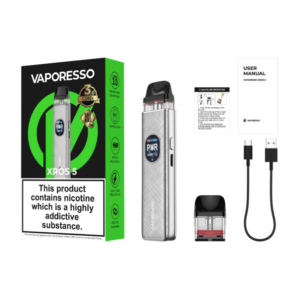 Vaporesso XROS 5 Pod Kit Vaporesso XROS 5 Pod Kit beside its box, spare refillable pod, USB-C charging cable and printed user manual.
