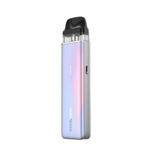 Vaporesso XROS 5 Mini Pod Kit in Pastel Crystal, stood upright with its clear refillable pod and mouthpiece.