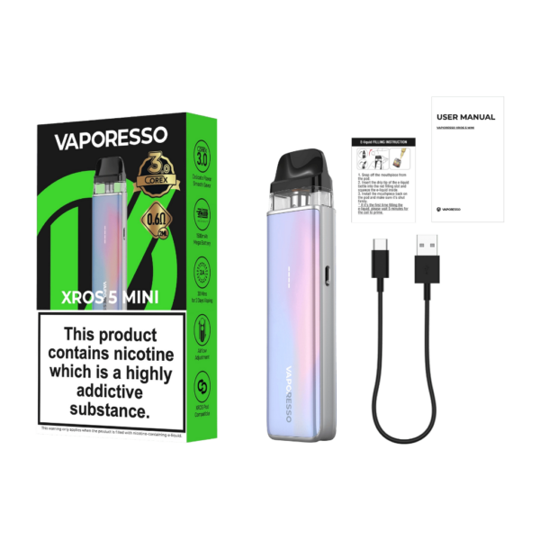 Vaporesso XROS 5 Mini Pod Kit Vaporesso XROS 5 Mini Pod Kit shown next to its retail box, USB-C charging cable and printed user manual.