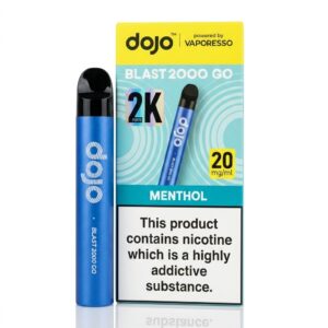 Vaporesso Dojo Blast 2000 Go Prefilled Pod Kit standing upright, a compact pre-filled vape with Dojo branding.