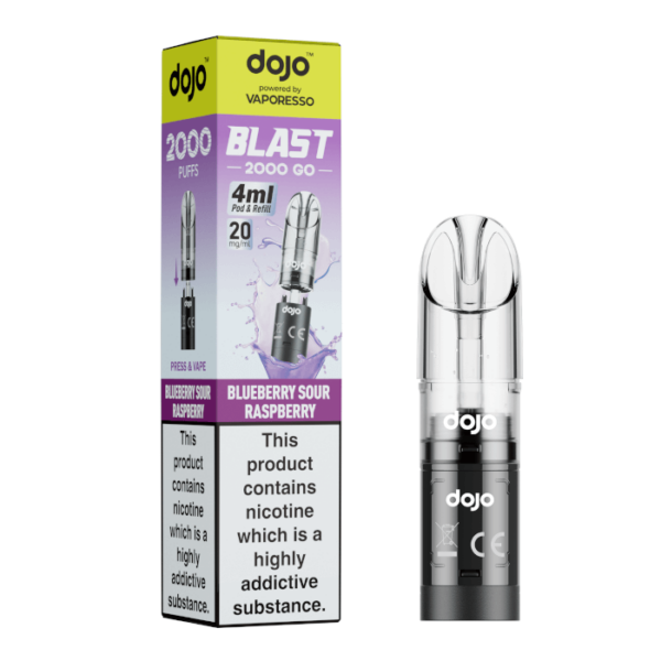 Blueberry Sour Raspberry Prefilled Pod by Vaporesso Dojo Blast 2000 Go Blueberry Sour Raspberry Prefilled Pod by Vaporesso Dojo Blast 2000 Go, a sealed 4ml pod with flavour label.