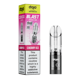Cherry Ice Prefilled Pod by Vaporesso Dojo Blast 2000 Go, a sealed 4ml pod with flavour and strength markings.