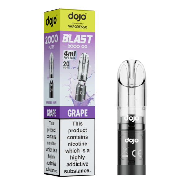 Grape Prefilled Pod by Vaporesso Dojo Blast 2000 Go, a sealed 4ml pod with purple grape artwork and 20mg label.