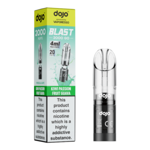 Kiwi Passion Fruit Guava Prefilled Pod by Vaporesso Dojo Blast 2000 Go, a sealed 4ml pod with tropical artwork.