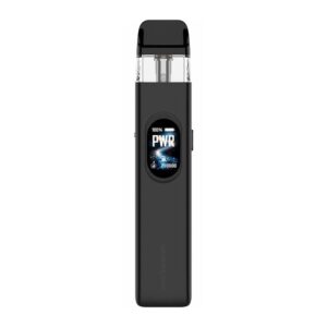 Vaporesso XROS 6 Pod Kit in Cosmic Black, front on, with the oval display showing PWR mode and battery level.