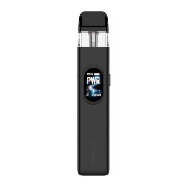 Vaporesso XROS 6 Pod Kit Vaporesso XROS 6 Pod Kit in Cosmic Black, front on, with the oval display showing PWR mode and battery level.
