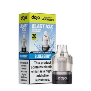 Blueberry Prefilled Pod by Vaporesso Dojo Blast 10K, a sealed 10ml pod showing the flavour name and 20mg strength.