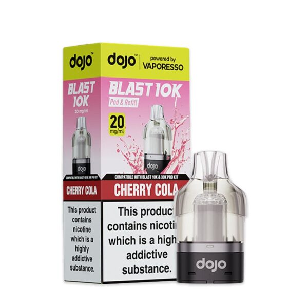 Cherry Cola Prefilled Pod by Vaporesso Dojo Blast 10K, a sealed 10ml pod showing the flavour name and strength.