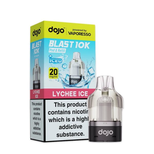 Lychee Ice Prefilled Pod by Vaporesso Dojo Blast 10K Lychee Ice Prefilled Pod by Vaporesso Dojo Blast 10K, a sealed 10ml pod showing the flavour name and 20mg strength.