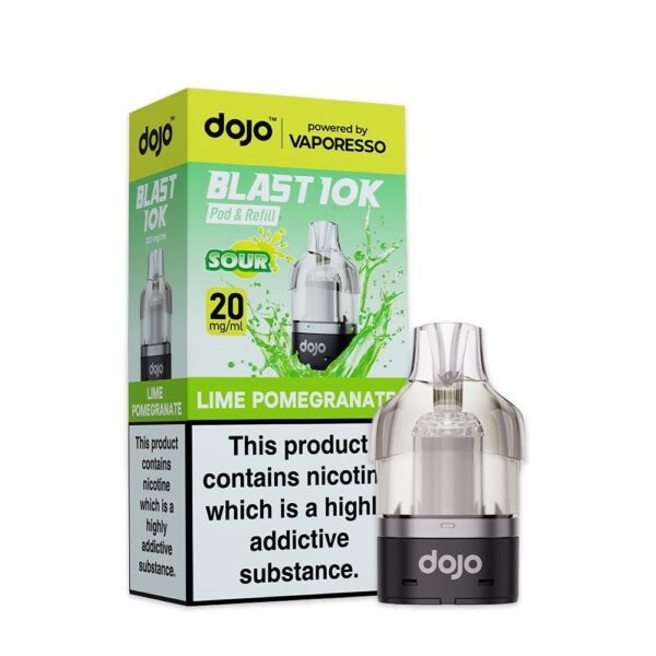 Lime Pomegranate Prefilled Pod by Vaporesso Dojo Blast 10K Lime Pomegranate Prefilled Pod by Vaporesso Dojo Blast 10K, a sealed 10ml pod with flavour and 20mg labelling.