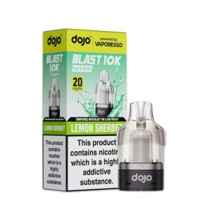 Lemon Sherbet Prefilled Pod by Vaporesso Dojo Blast 10K, a sealed 10ml pod showing lemon sherbet artwork and 20mg label.