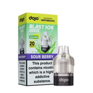 Sour Berry Prefilled Pod by Vaporesso Dojo Blast 10K, a sealed 10ml pod with the flavour name and 20mg strength shown.