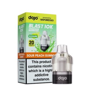 Sour Peach Gummy Prefilled Pod by Vaporesso Dojo Blast 10K, a sealed 10ml pod with flavour and 20mg strength labelling.