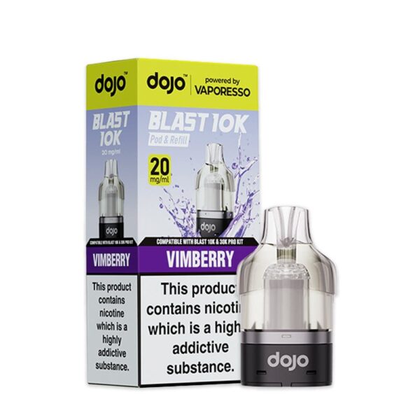 Vimberry Prefilled Pod by Vaporesso Dojo Blast 10K, a sealed 10ml pod showing the dark fruit flavour name and 20mg label.