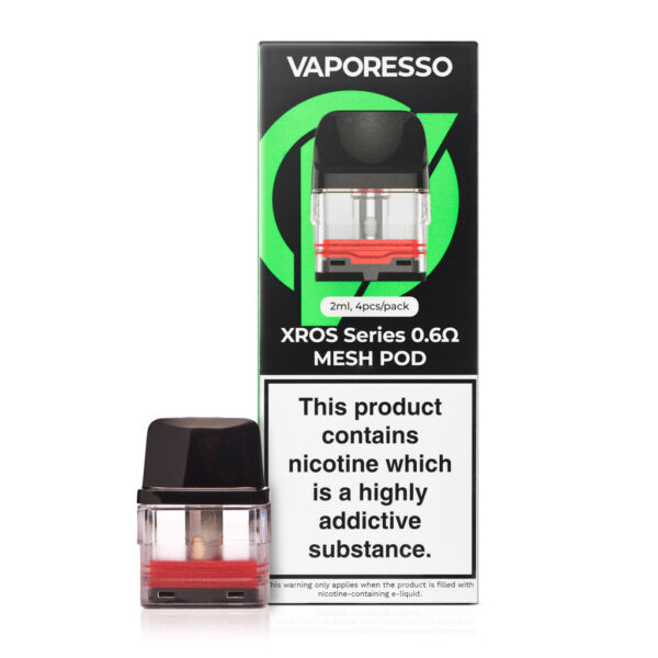 Vaporesso XROS Corex 3.0 Replacement Pods box beside a single clear mesh pod with its red silicone fill port.