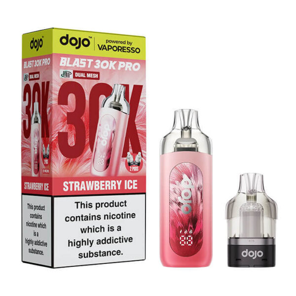 Vaporesso Dojo Blast 30K Prefilled Vape Kit Vaporesso Dojo Blast 30K Prefilled Vape Kit pictured with its retail packaging and flavour labelling.