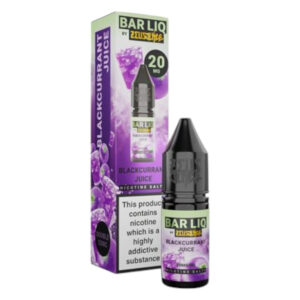 Front of the 10ml Blackcurrant Juice Nic Salt E-Liquid by Zeus Juice Bar Liq bottle and its label.