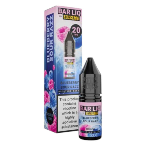 10ml bottle of Blueberry Sour Razz Nic Salt E-Liquid by Zeus Juice Bar Liq, shown front on.