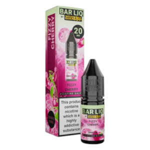 10ml bottle of Fizzy Cherry Nic Salt E-Liquid by Zeus Juice Bar Liq, label and cap in view.