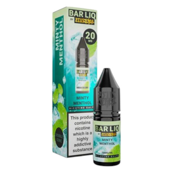 10ml bottle of Minty Menthol Nic Salt E-Liquid by Zeus Juice Bar Liq, front of the label shown.