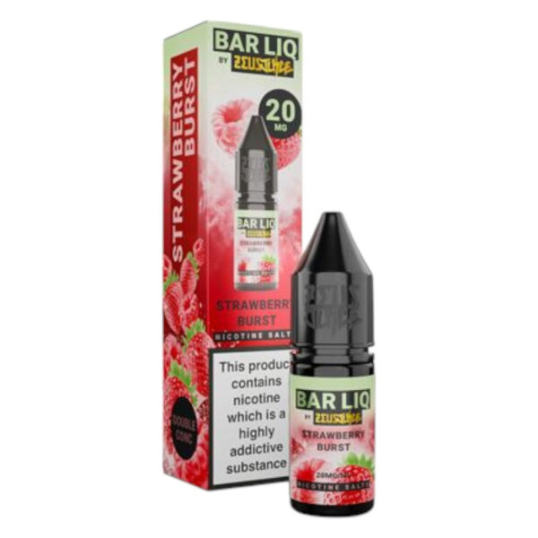 10ml bottle of Strawberry Burst Nic Salt E-Liquid by Zeus Juice Bar Liq, shown front on with its label.