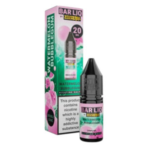 10ml bottle of Watermelon Bubblegum Nic Salt E-Liquid by Zeus Juice Bar Liq, front label in view.